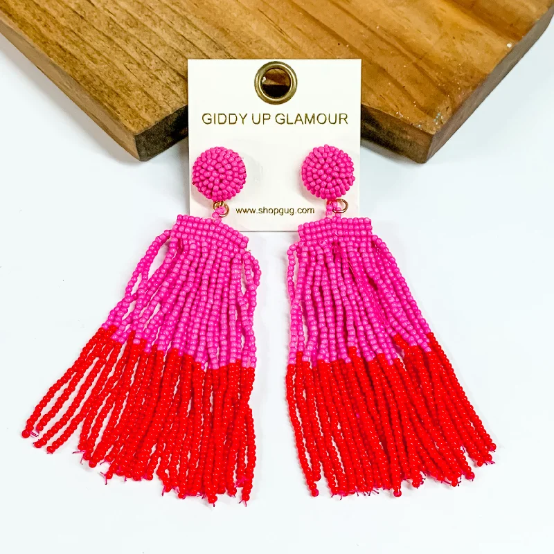 Bohemian Style Earrings-Two Toned Beaded Tassel Fringe Earrings in Fuchsia Pink & Red