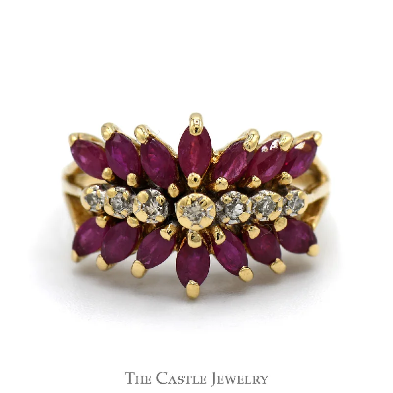 Luxury Engagement Ring Set-Marquise Ruby and Round Diamond Cluster Ring in 14k Yellow Gold