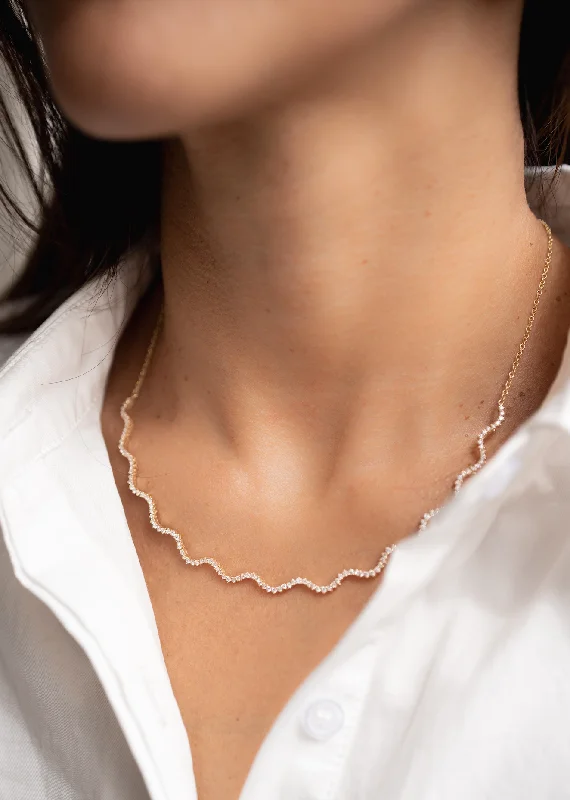 Long Silver Necklace-Pave Wave Necklace