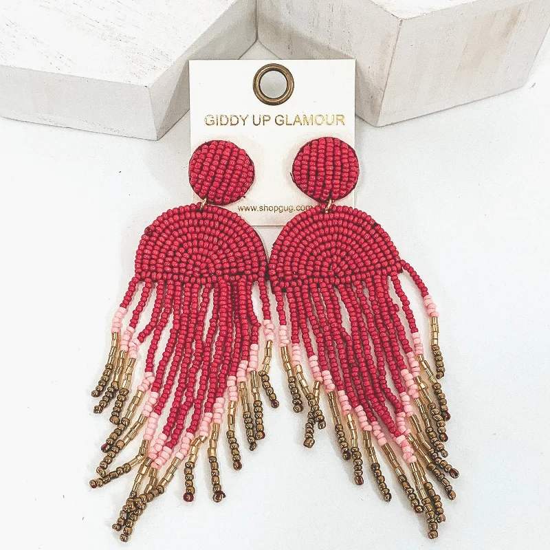 Affordable Gold Earrings-Semi Circle Drop Beaded Earrings with Tassels in Red