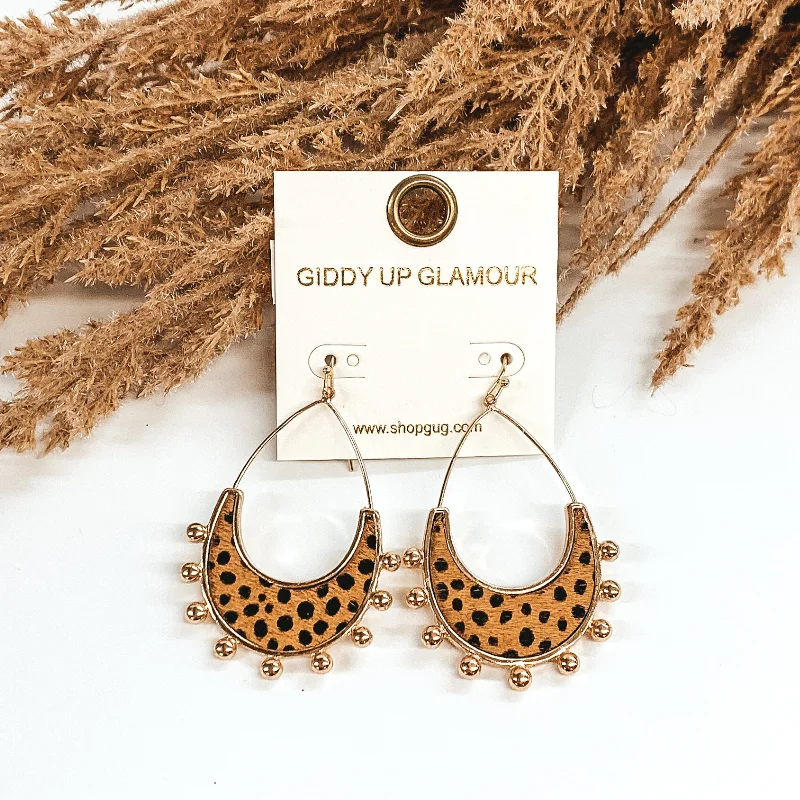 Large Stud Earrings-Gold Teardrop Earrings with a Brown Dotted Print