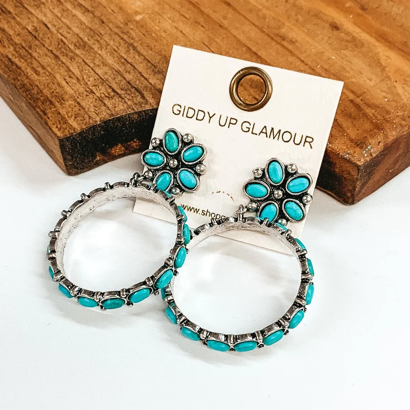 Small Hoop Earrings for Women-Flower Post Back Concho Earrings with Circle Hoops in Turquoise