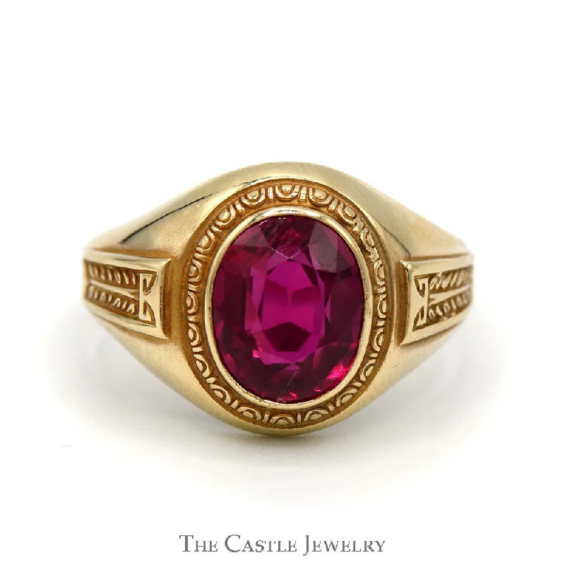 Modern Wedding Band Set for Women-Oval Synthetic Ruby Men's Ring with Ornate Bezel and Sides in 10k Yellow Gold