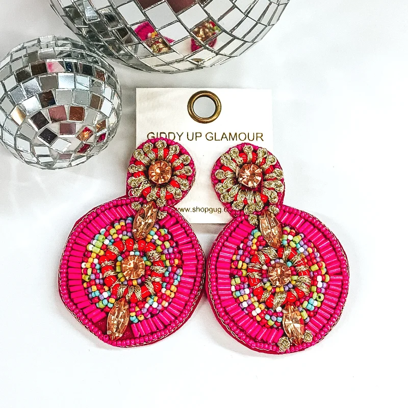 Trendy Earrings for Girls-Double Circle Beaded Statement Earrings in Fuchsia