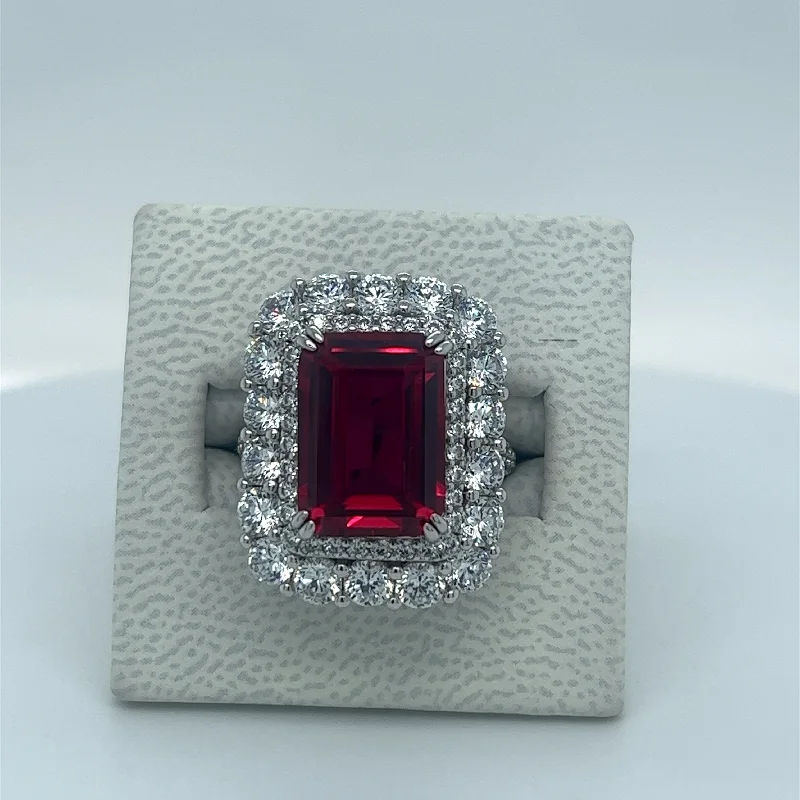 Platinum Wedding Band for Couples-Platinum-clad Sterling Silver Ring with Ruby & White Colored Cubic Zirconia