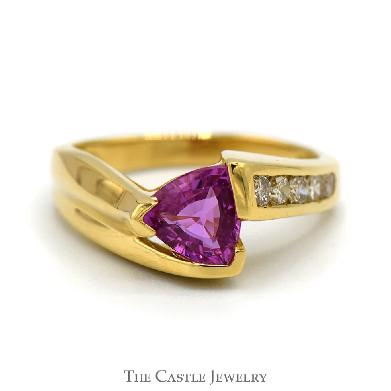 Customizable Birthstone Ring-Le Vian Trillion Cut Pink Sapphire Ring with Channel Set Diamond Accents in 18k Yellow Gold Bypass Mounting