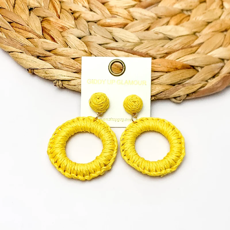 Elegant Earrings for Special Occasions-Beachside Café Raffia Wrapped Circle Earrings in Yellow