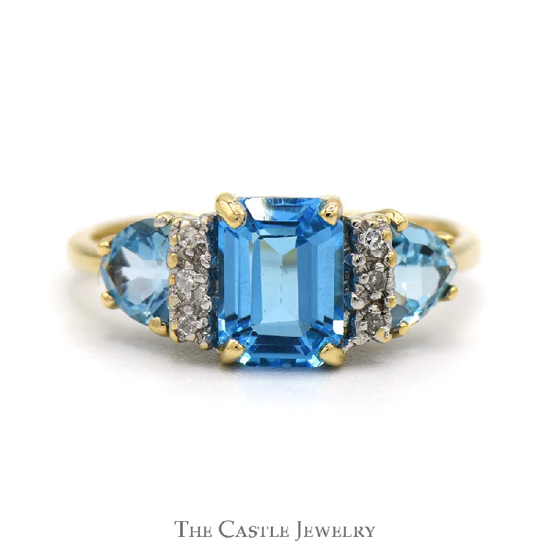 Unique Gold Ring-Emerald Cut Blue Topaz Ring with Trillion Cut Sides and Diamond Accents in 10k Yellow Gold