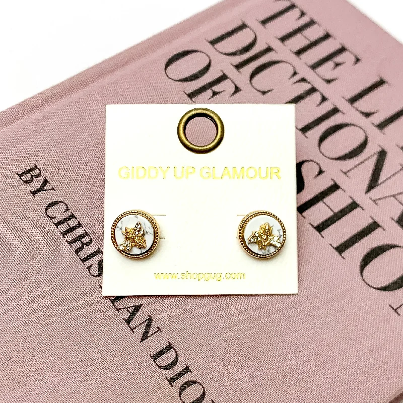 Moon Shaped Earrings-Gold Tone Bumble Bee Circle Stud Earrings in White