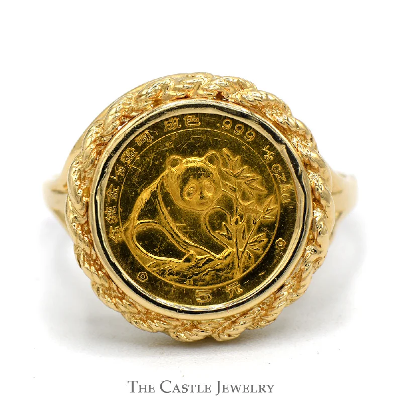 Classic Gold Wedding Band-24k 1988 1/20oz Panda Coin Ring in 14k Yellow Gold Rope Bezel Mounting