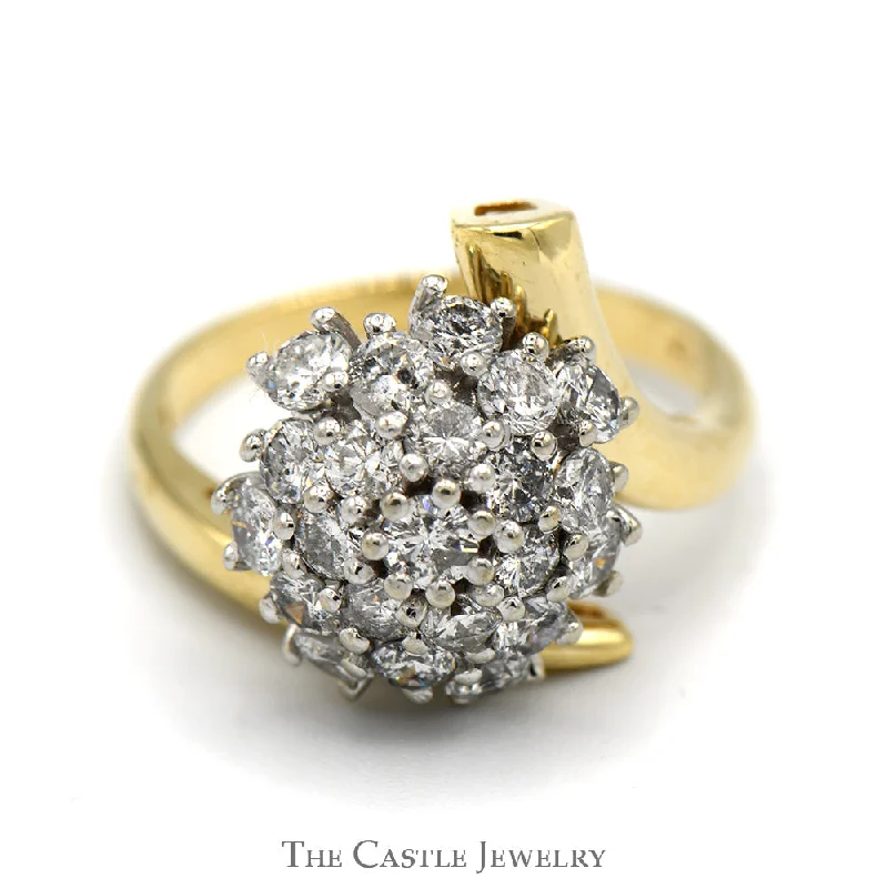 Elegant Diamond Ring-1cttw Round Shaped Diamond Cluster Ring in 14k Yellow Gold Bypass Setting