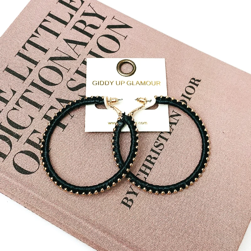 Elegant Gemstone Drop Earrings-Circle Gold Tone Beaded Hoop Earrings in Black