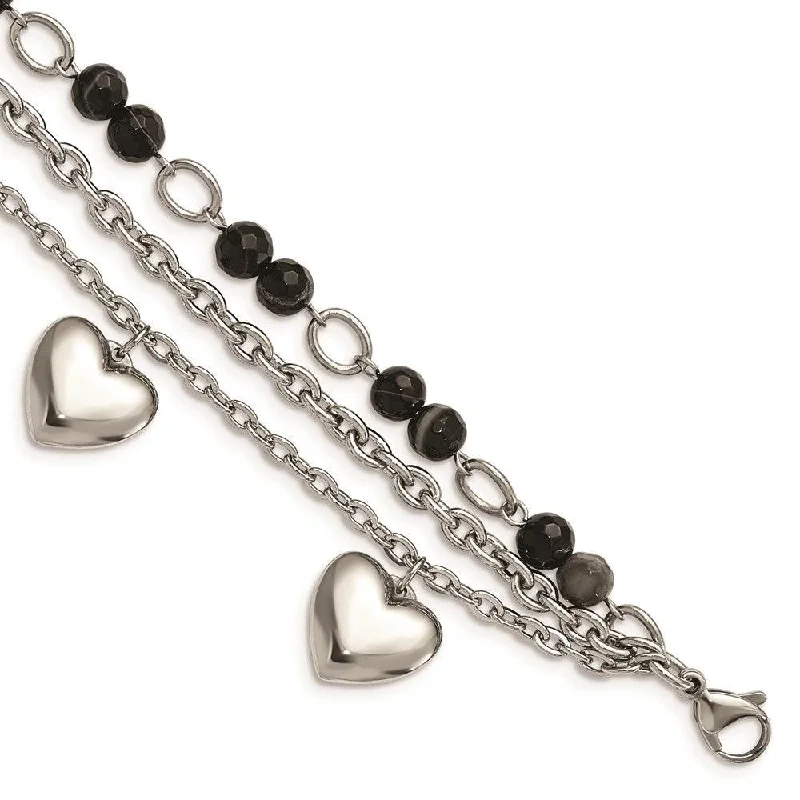 Men’s Personalized Bracelet-Stainless Steel Polished w/Black & White Agate with Hearts Bracelet