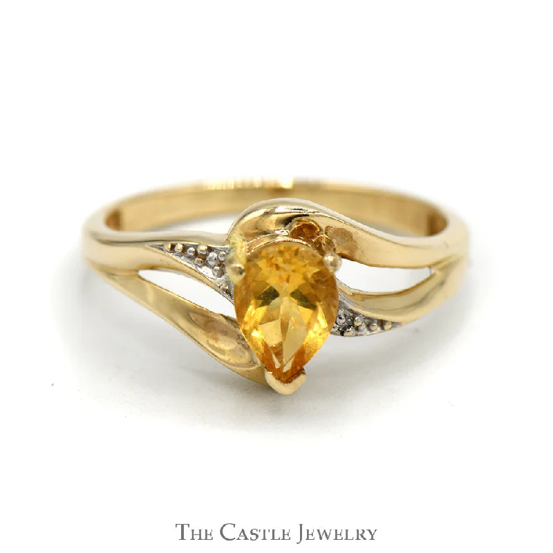 Antique Wedding Ring Set-Dainty Pear Shaped Citrine Ring in Gold Crossover Diamond Illusion Mounting