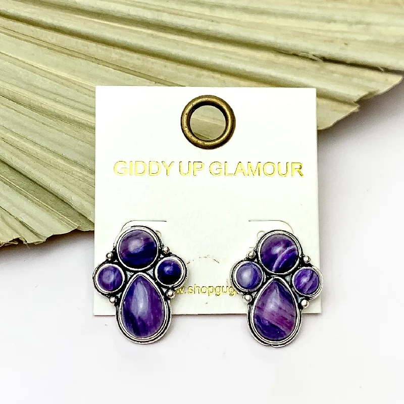 Unique Wedding Earrings-Silver Tone Cluster Stone Earrings in Purple