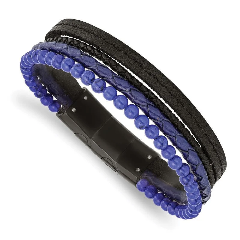 Luxury Beaded Bracelet-Stainless Steel Polished Black IP with Lapis Leather w/.5in ext Bracelet