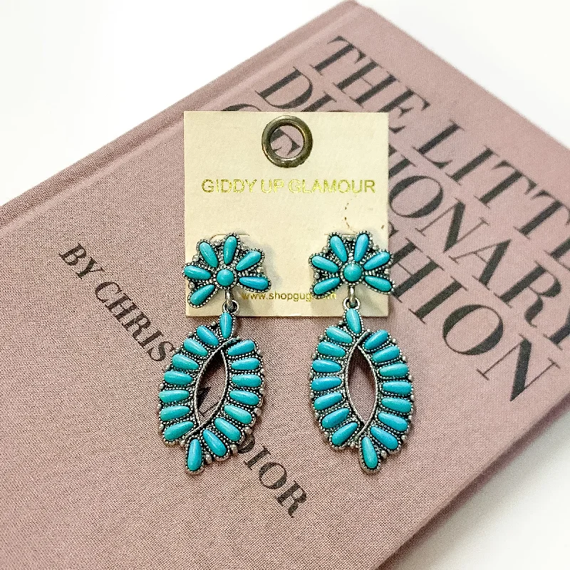 Butterfly Design Earrings-Western Oval Outline Cluster Drop Earrings in Turquoise Blue