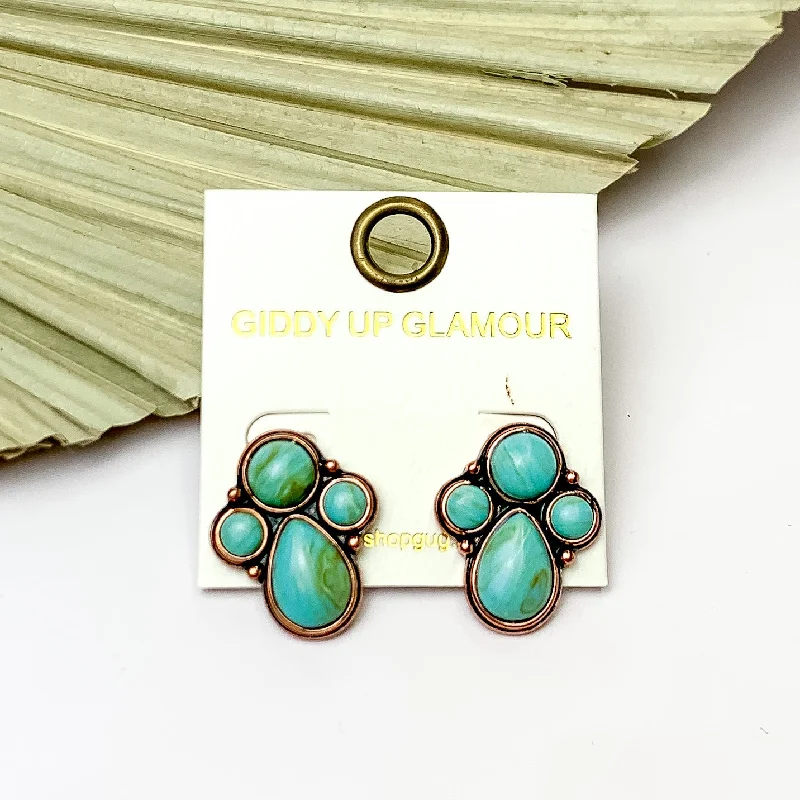 Colorful Gemstone Earrings-Copper Tone Cluster Stone Earrings in Turquoise Green