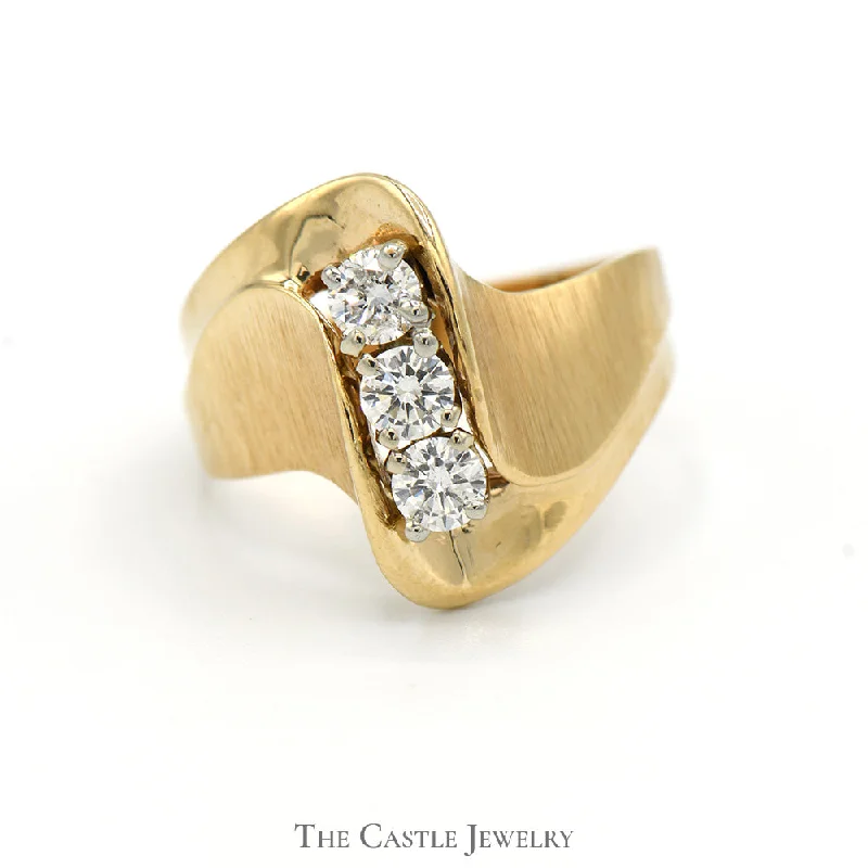 Large Diamond Wedding Ring-1/2cttw 3 Diamond Swirled Bypass Ring with Brushed/Polished Detail in 14k Yellow Gold