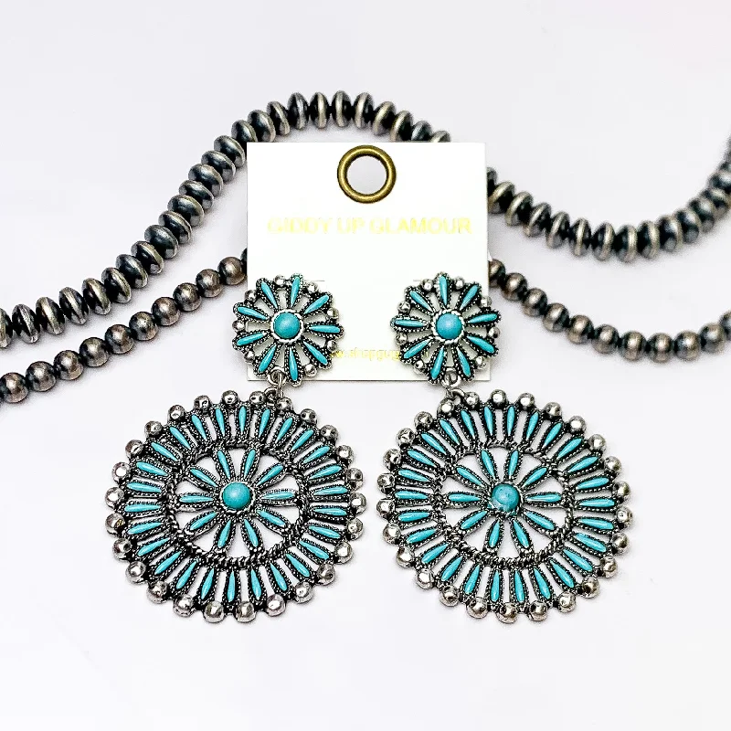 Large Drop Earrings-Faux Navajo Cluster Drop Silver Tone Earrings in Turquoise Blue