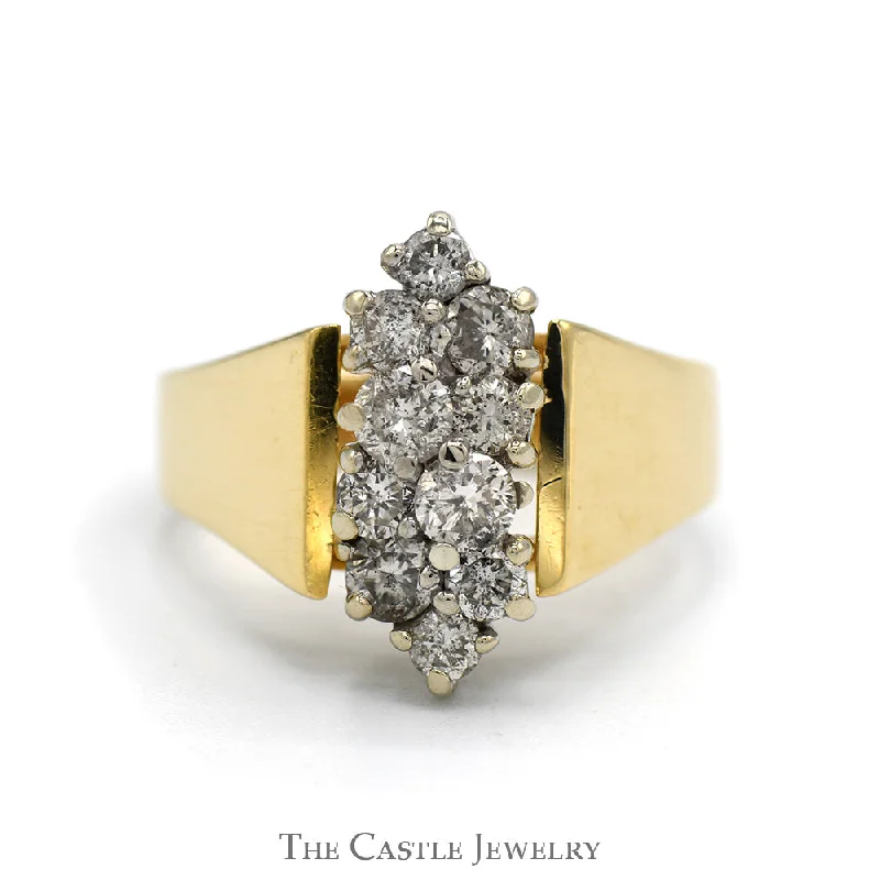 Vintage Engagement Ring-Double Row .98cttw Diamond Cluster Ring in 14k Yellow Gold Cathedral Mounting