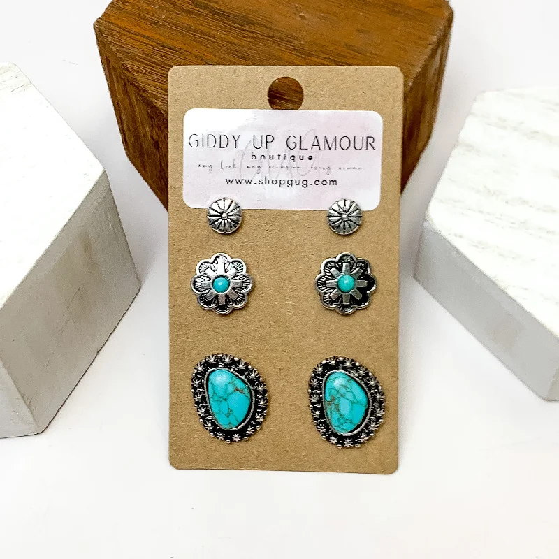 Hoop Earrings with Gemstones-Set Of Three | Flower and Stone Silver Tone Earring Set in Turquoise