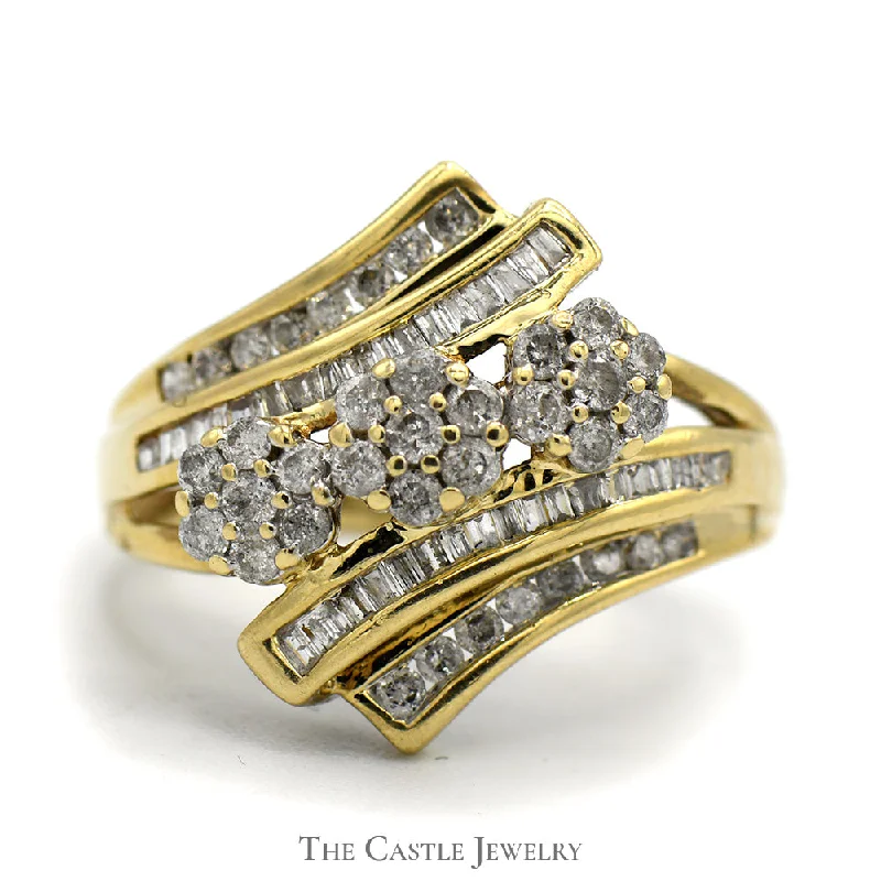 Custom Diamond Ring for Bride-Triple Flower Cluster Ring with Baguette and Round Diamond Accents in 10k Yellow Gold