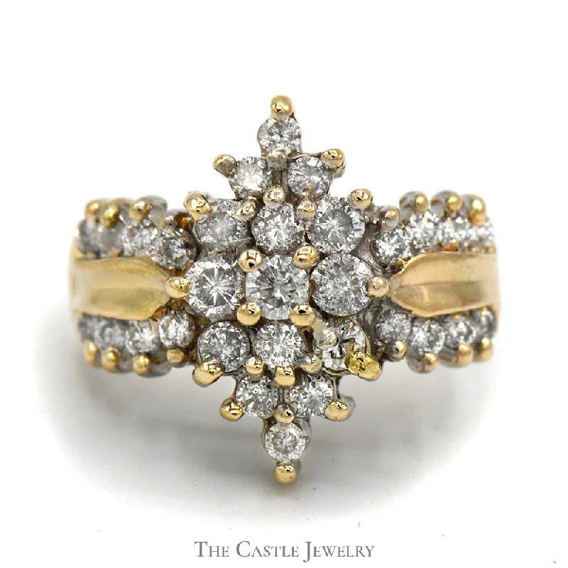 Custom Diamond Wedding Ring-Marquise Shaped Diamond Cluster Ring in Diamond Accented Concaved 14k Yellow Gold Setting