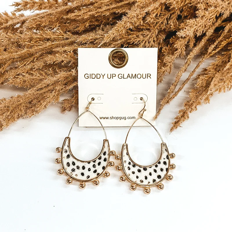 High-End Earrings for Weddings-Gold Tone Teardrop Earrings with a White Dotted Print