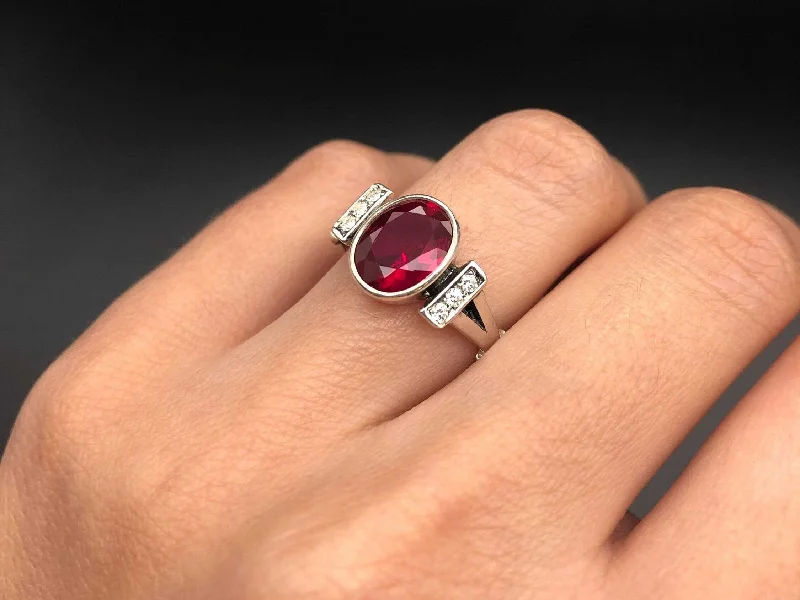 Diamond Anniversary Ring-Classy Ruby Ring - Red Bezel Ring - Vintage Oval Ring