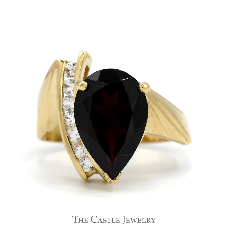 Beautiful Gold Wedding Band-Pear Cut Garnet Ring with White Sapphire Accents in 10k Yellow Gold Bypass Mounting