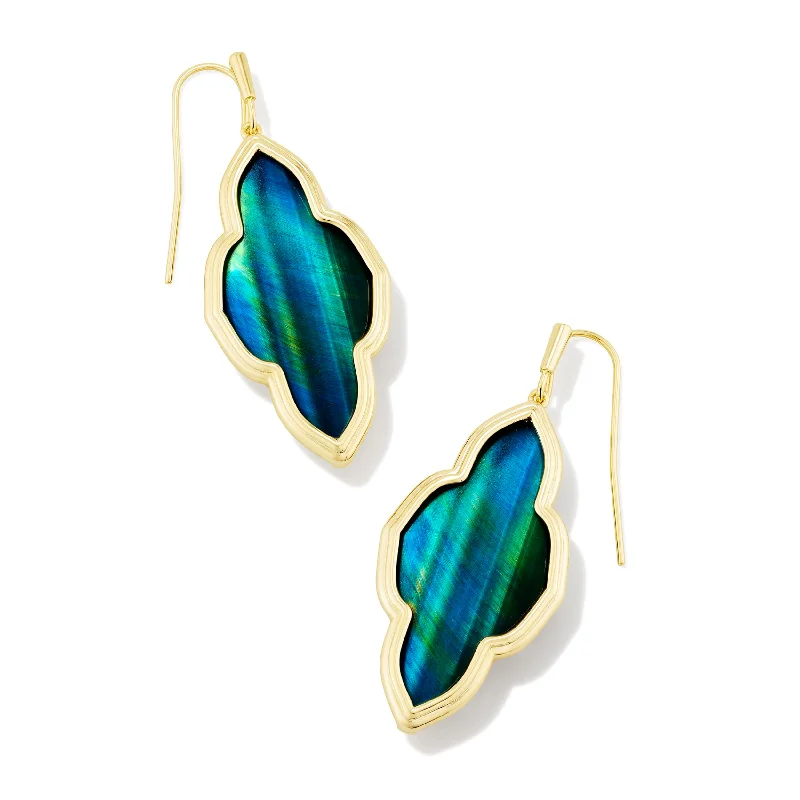 Handmade Gold Earrings-Kendra Scott | Framed Abbie Gold Drop Earrings in Teal Tiger's Eye