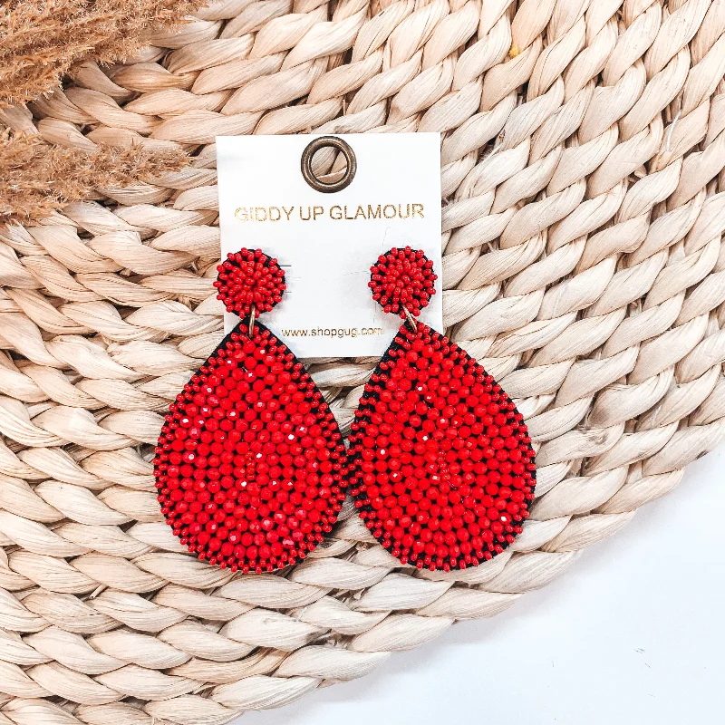 Affordable Gold Earrings-Crystal Beaded Circle Post Earrings with Large Teardrop Dangle in Red