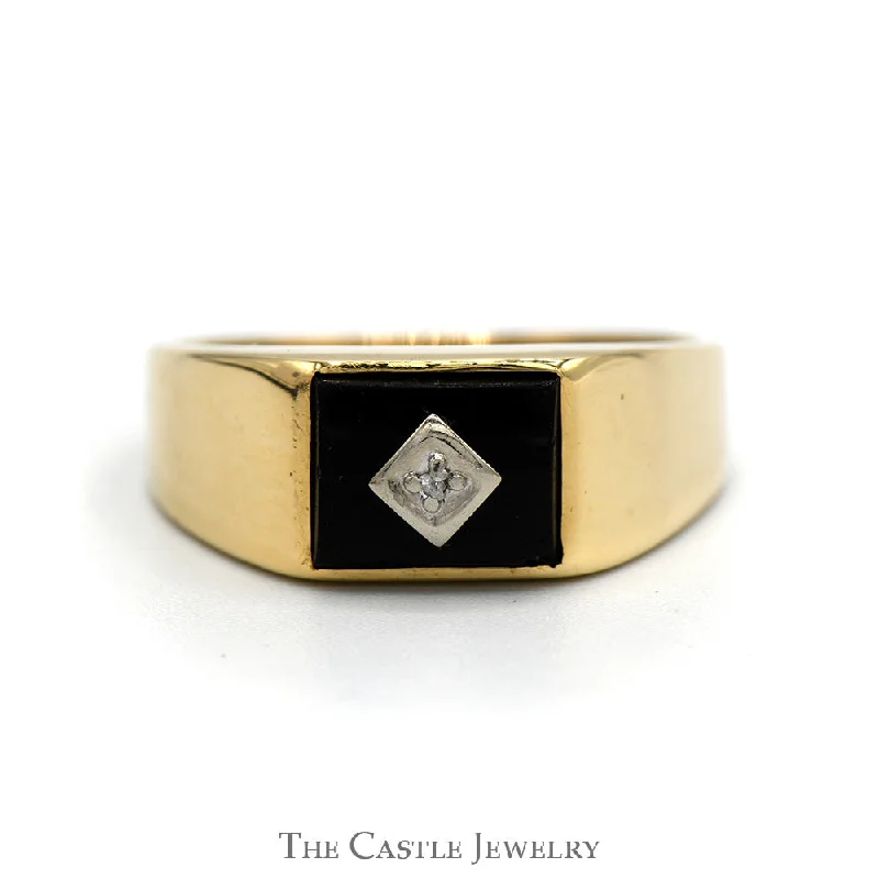 Gemstone Wedding Band-Rectangular Black Onyx Men's Ring with Diamond Accent in 10k Yellow Gold