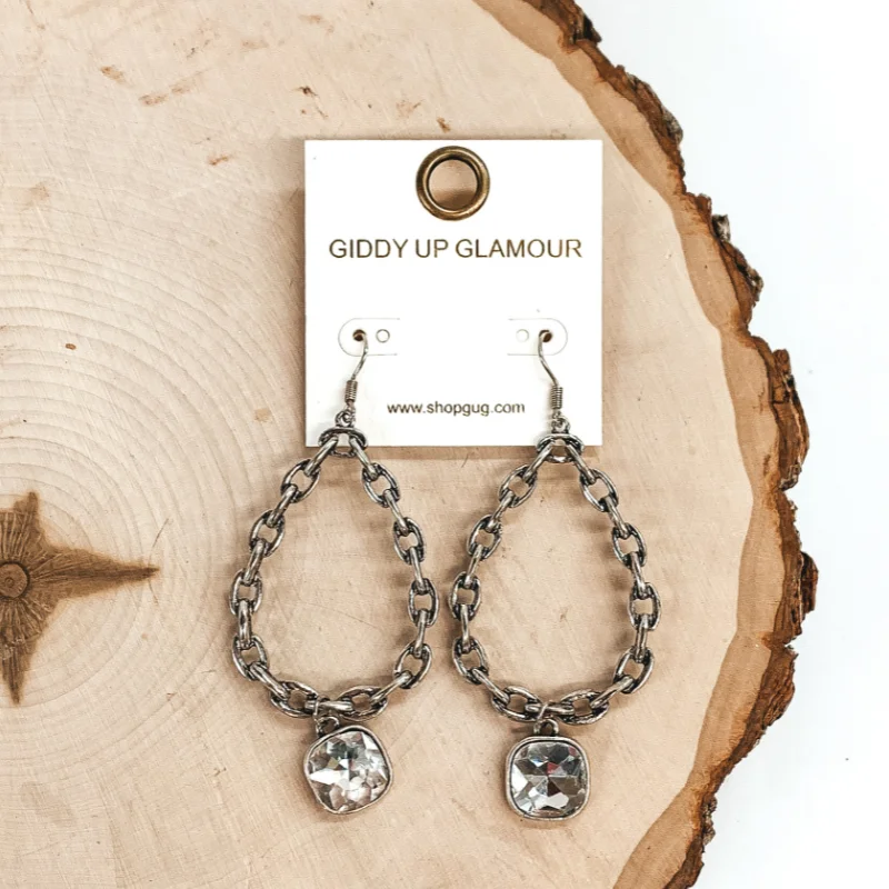 Artistic Dangle Earrings-Chain Teardrop Dangle Silver Tone Earrings with Clear Cushion Cut Crystal