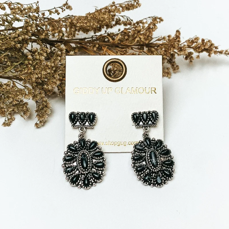 Fashion Earrings for Wedding Day-Silver Tone Cluster Post Earrings with Oval Cluster Drop with Black Stones