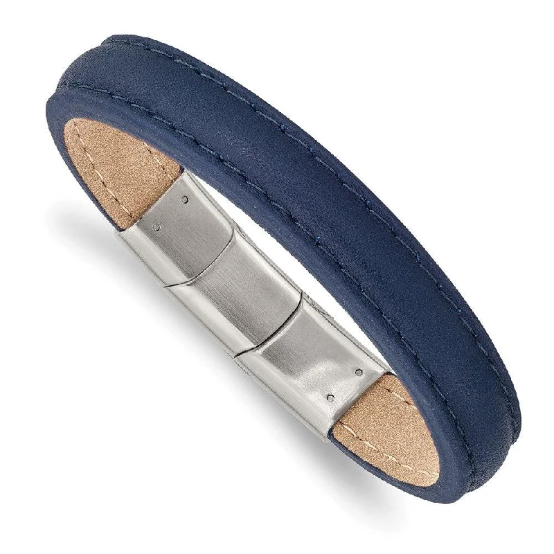 Custom Gold Bracelet for Weddings-Stainless Steel Polished Blue Leather w/.5in ext 7.75in  Bracelet