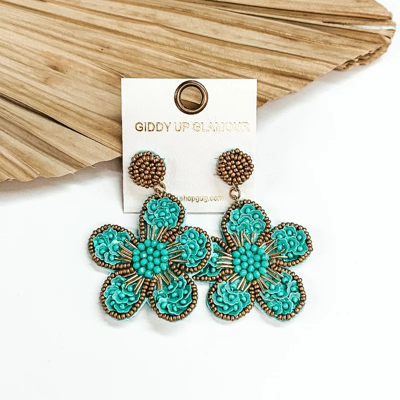 Elegant Earrings for Special Occasions-Beaded Flower Earrings in Turquoise