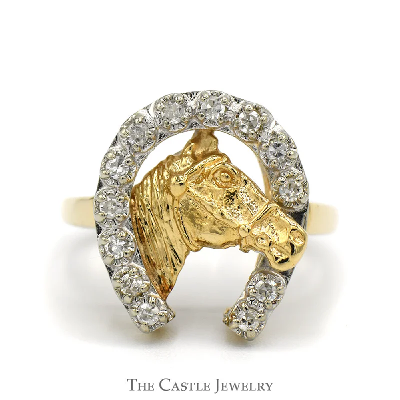 Custom Wedding Ring Set-1/4cttw Round Diamond Horseshoe Ring with Horse Head in 14k Yellow Gold