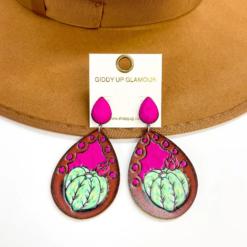 Black Diamond Earrings-Hot Pink Stone Post Earrings with Cactus and Flower Brown Leather Teardrop