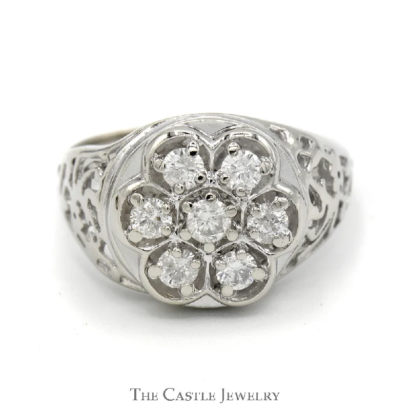 Elegant Wedding Ring with Sapphires-1/2cttw 7 Diamond Kentucky Cluster Ring with Open Filigree Sides in 10k White Gold