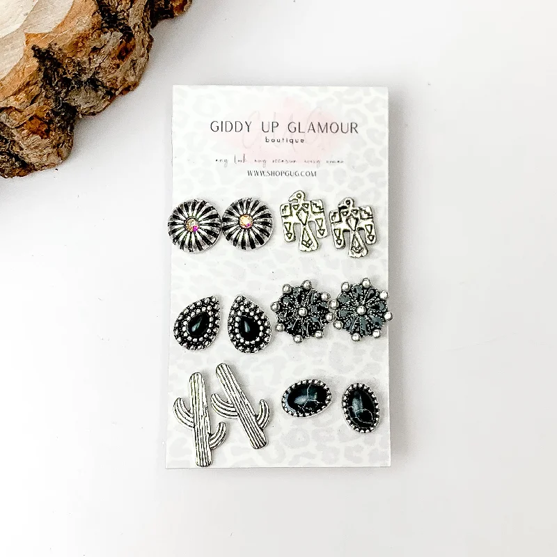 Handmade Silver Earrings-Set Of Six | Western Themed Black and Silver Tone Stud Earrings