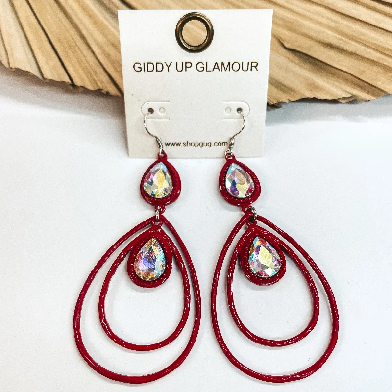 Gold Hoop Earrings-Double Teardrop Earrings with AB Crystals in Red