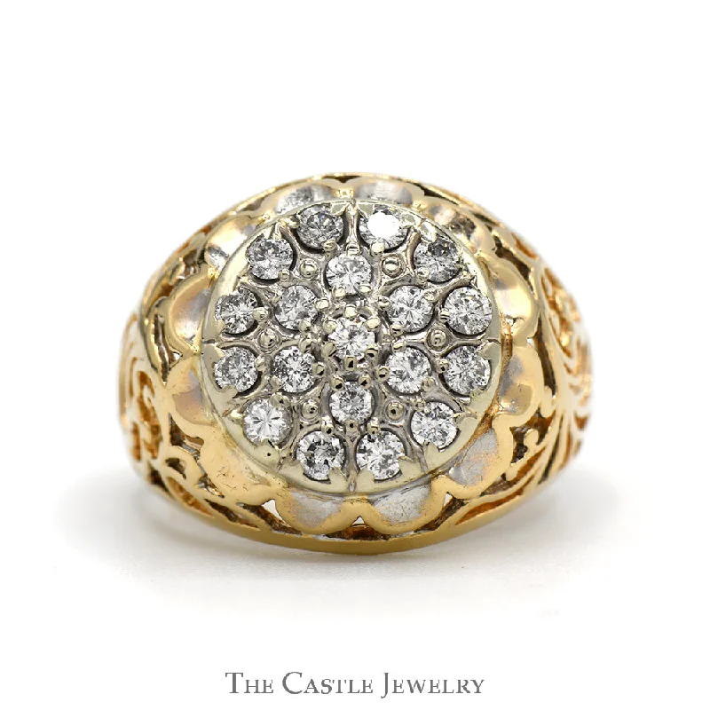 Men's Ring with Diamonds-3/4cttw Kentucky Diamond Cluster Ring with Open Filigree Sides in 10k Yellow Gold