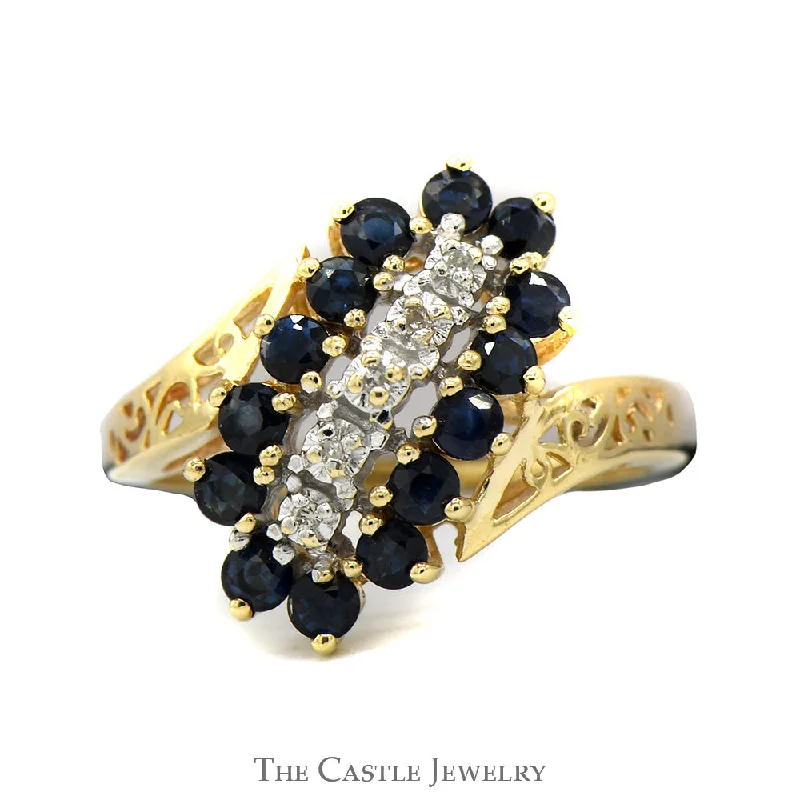 Wedding Ring Set for Men-Sapphire & Diamond Waterfall Cluster Ring with Open Filigree Bypass Design in 10k Yellow Gold