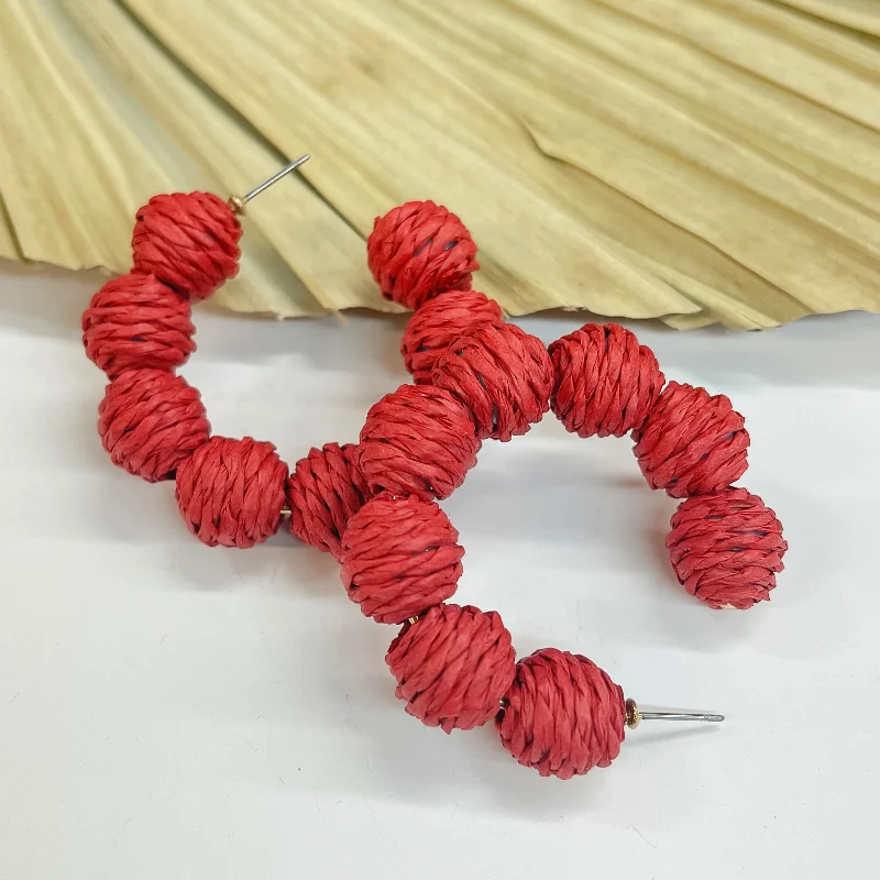 Stunning Wedding Earrings-Raffia Ball Hoop Earrings in Red