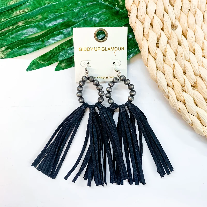 Moon Shaped Earrings-Feelin' Fabulous Navajo Teardrop Earrings With Leather Tassels in Black