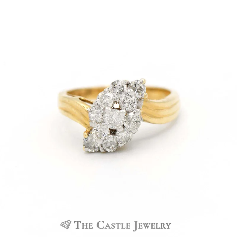 Men's Gold Wedding Ring-3/4cttw Waterfall Diamond Cluster Ring in 14k Yellow Gold Bypass Mounting