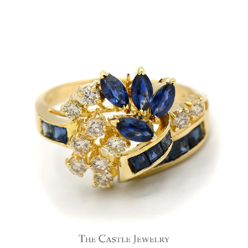 Fashionable Engagement Ring Set-Sapphire and Diamond Flower Cluster Ring in 14k Yellow Gold