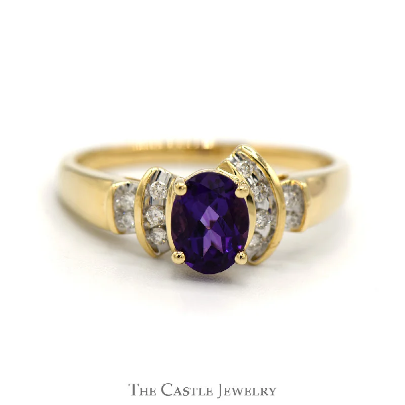 Elegant Wedding Ring-Oval Amethyst Ring with Channel Set Diamond Accents in 14k Yellow Gold Vintage Mounting